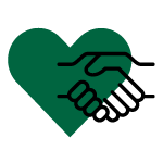 Dark green heart with two black outlined hands shaking