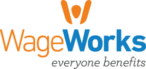 An orange figure raising their hands up above the word Wage in orange and Works in blue with the phrase everyone benefits underneath