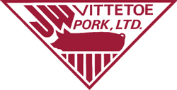 White triangle with a red outline and the words JW Vittetoe Pork, Ltd. and a red illustrated pig inside of it